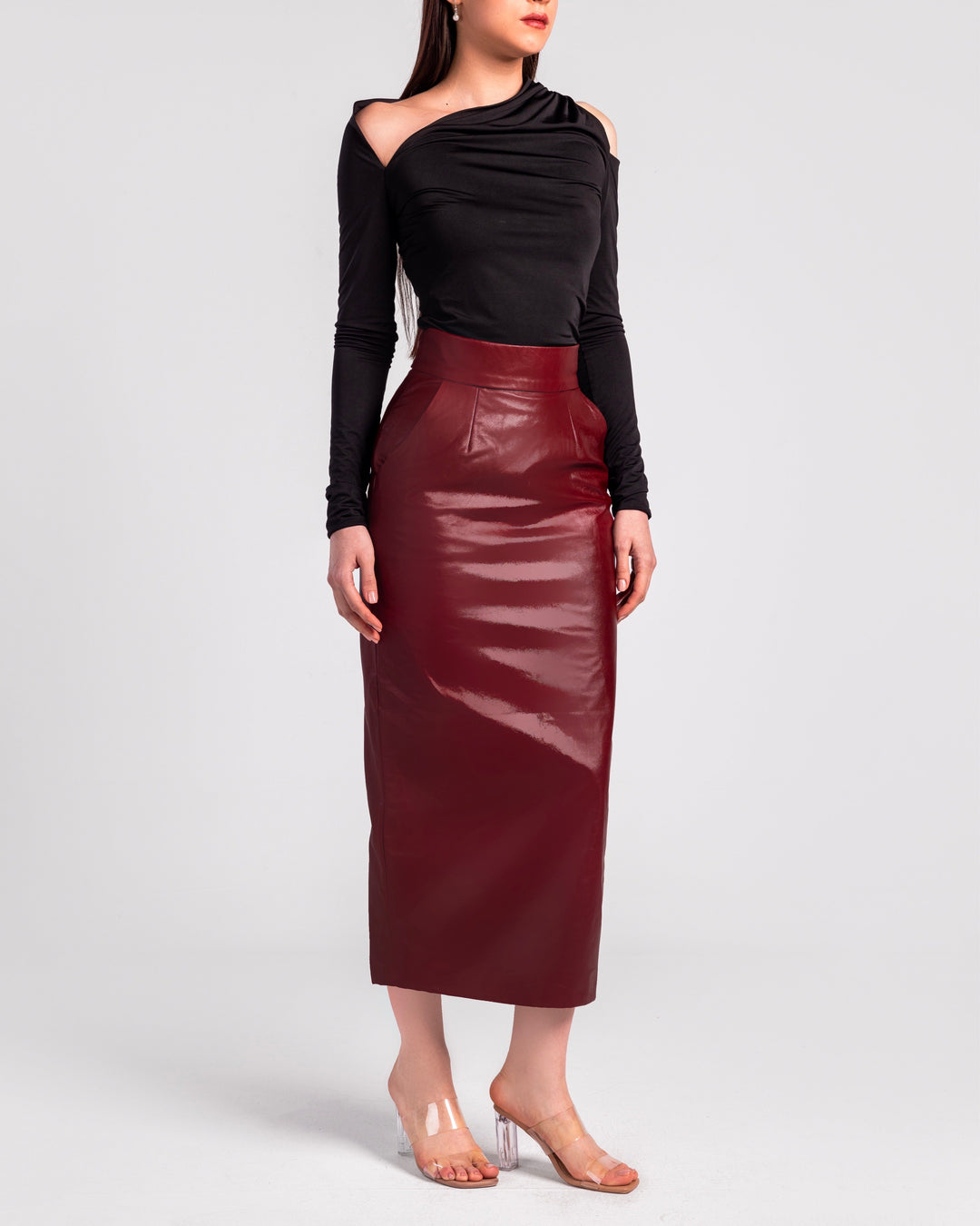 High-Waist Real Leather Pencil Skirt"