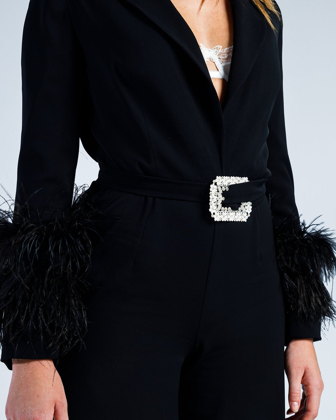 BELTED EMBELLISHED FEATHER- TRIMMED CREPE JUMPSUIT