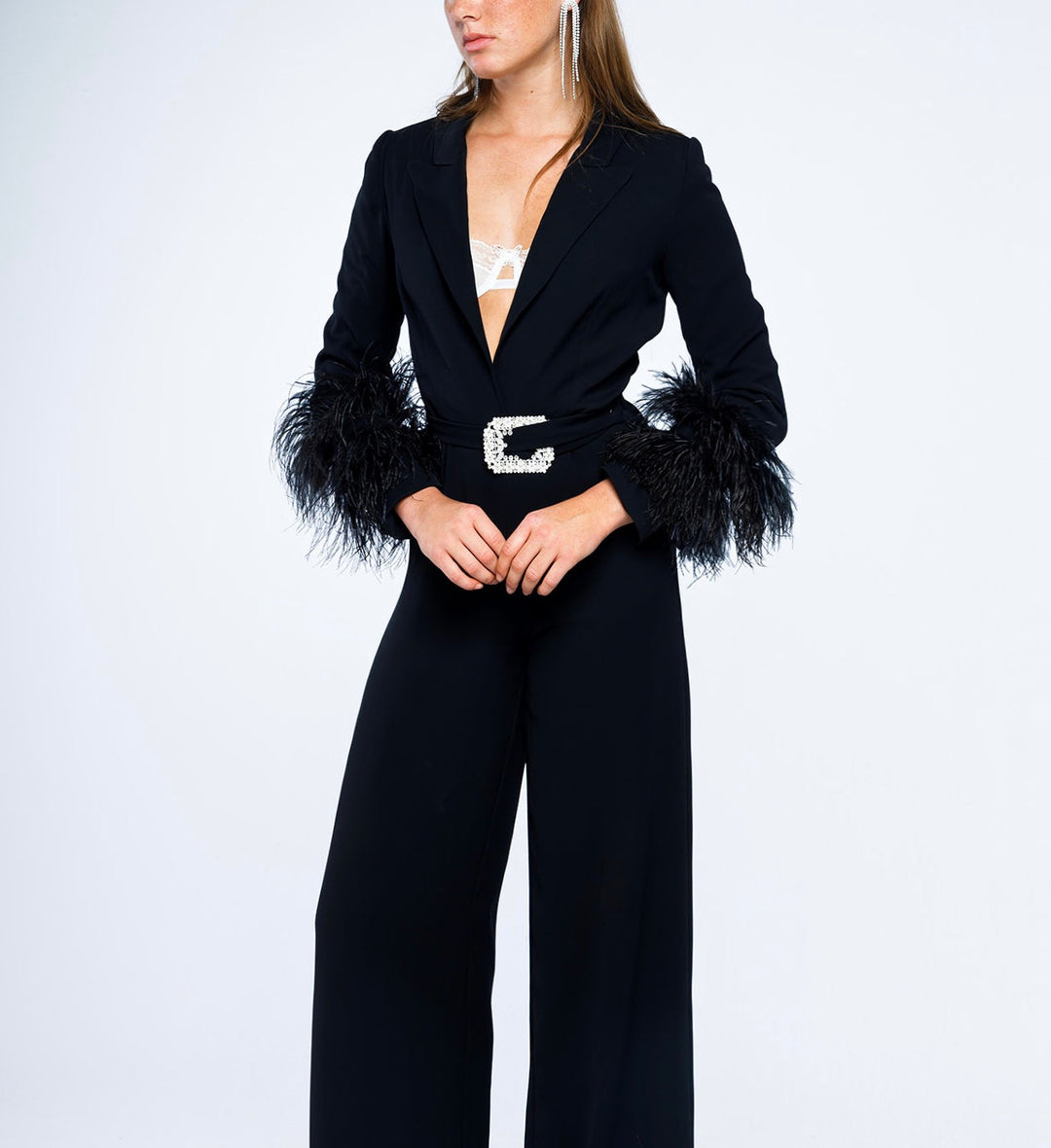 BELTED EMBELLISHED FEATHER- TRIMMED CREPE JUMPSUIT