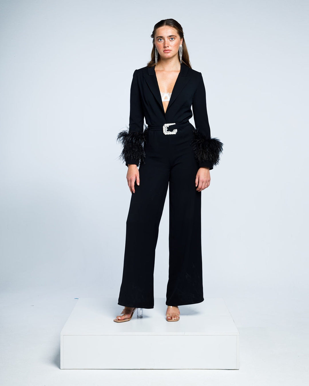 BELTED EMBELLISHED FEATHER- TRIMMED CREPE JUMPSUIT