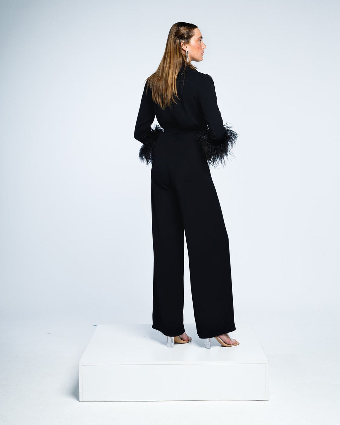 BELTED EMBELLISHED FEATHER- TRIMMED CREPE JUMPSUIT