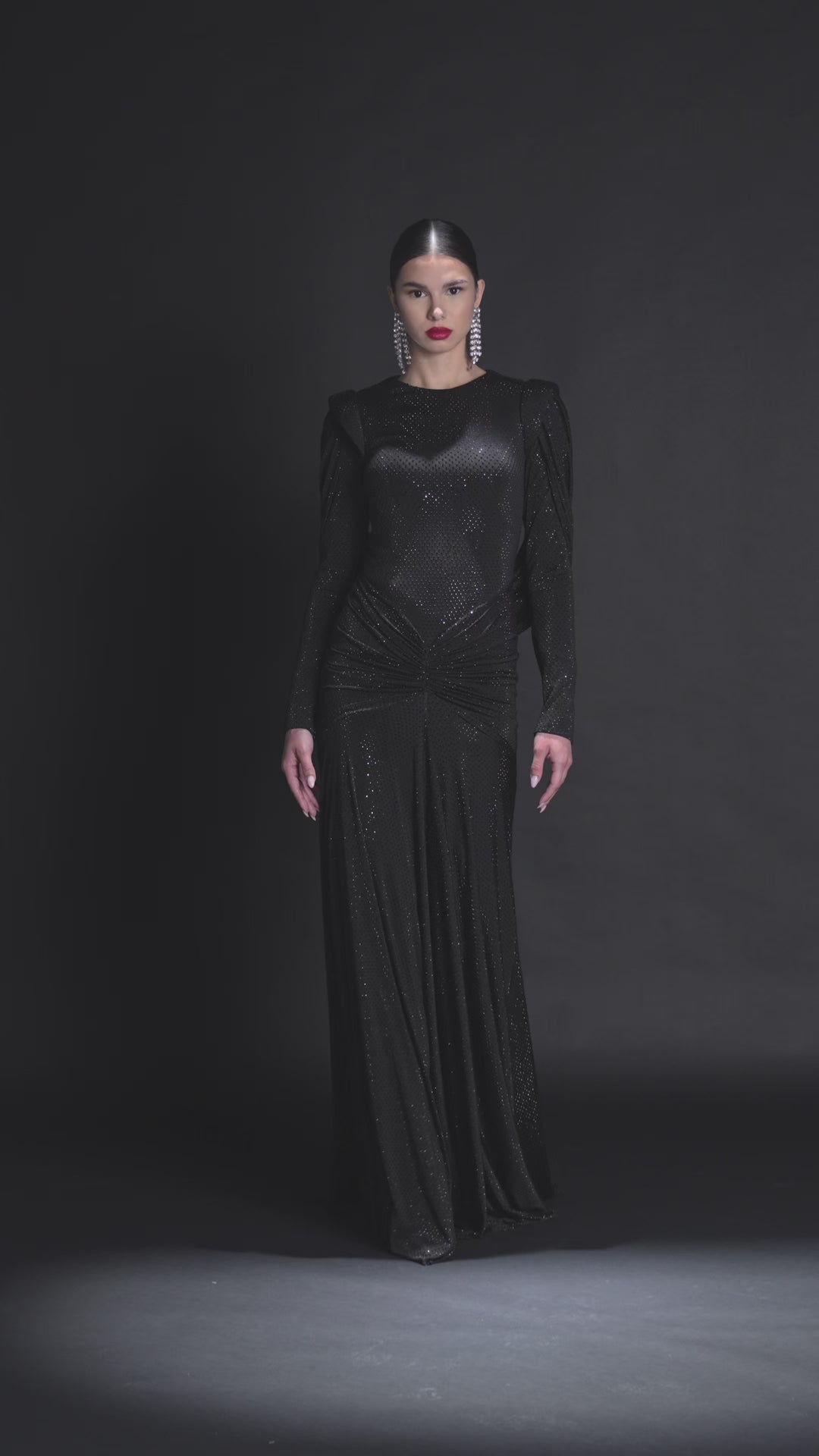 Look 33 – Black Shimmer Ruched Evening Gown