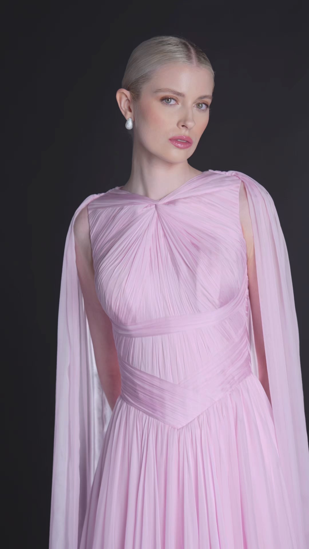 Look 26 – Elegant Soft Pink Draped Gown with Cape