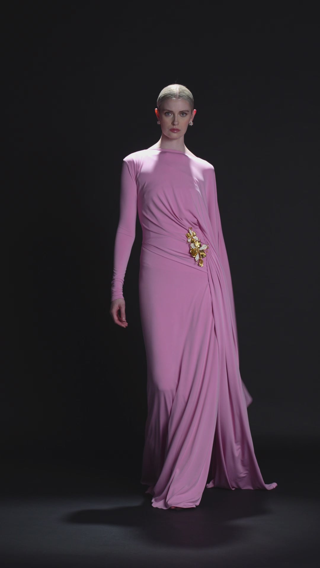 Look 28 – Graceful Pink Draped Gown with Embellished Detail