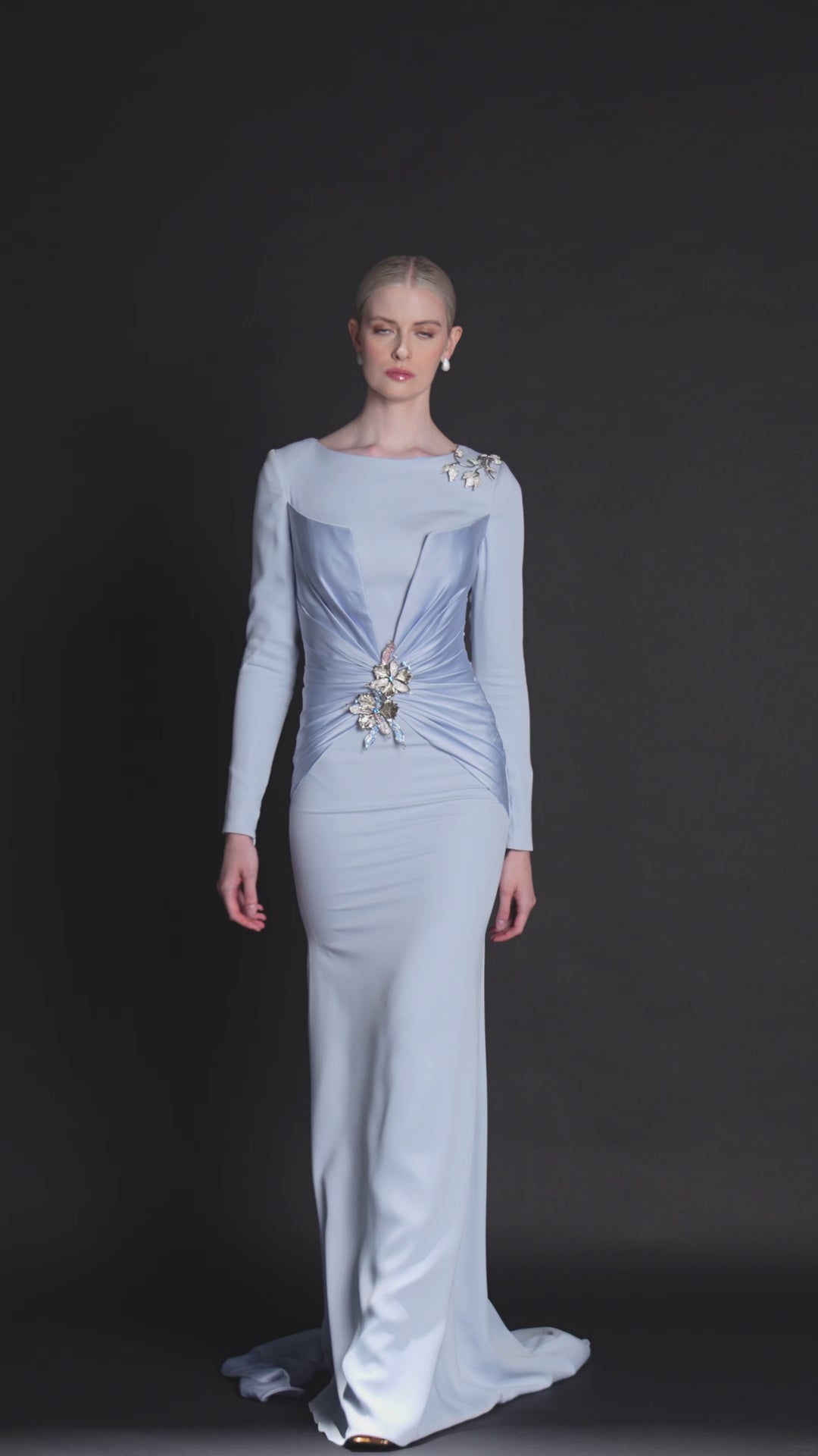 Look 27 – Elegant Ice Blue Satin Gown with Embellishments